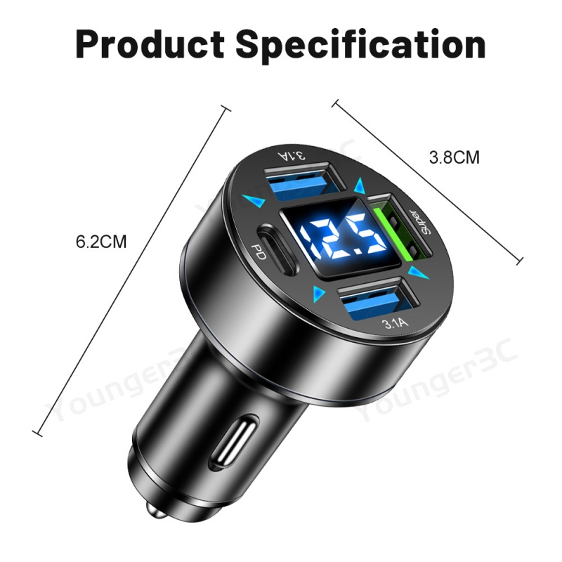 66w 4in1 Tampilan Digital Adaptor Perjalanan Pengisian Super Cepat 3USB+PD Charger Kendaraan Dengan Tegangan 4USB Travel Adoptor