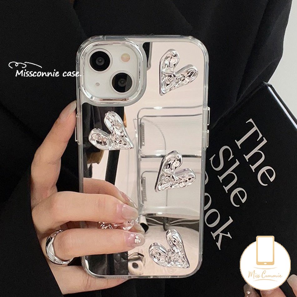 IPHONE Casing 3D Stereo Silver Love Heart Make Up Mirror Metal Akrilik Kompatibel Untuk Iphone11 14 Pro Max 13 14 12 Pro Max 14 Pro 12pro 13 Pro 14 11 12 13 Plating Mewah Shockproof Cover