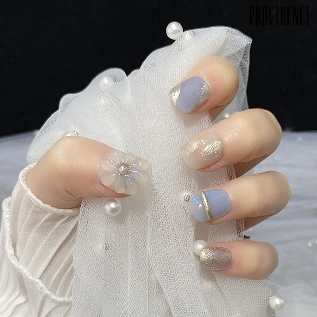 Providence 1set Press-On Kuku Lucu Bunga Kuku Palsu Penutup Penuh Buatan French Tip Wearable Kuku Palsu Dengan Desain Bling DIY Perlengkapan Nail Art