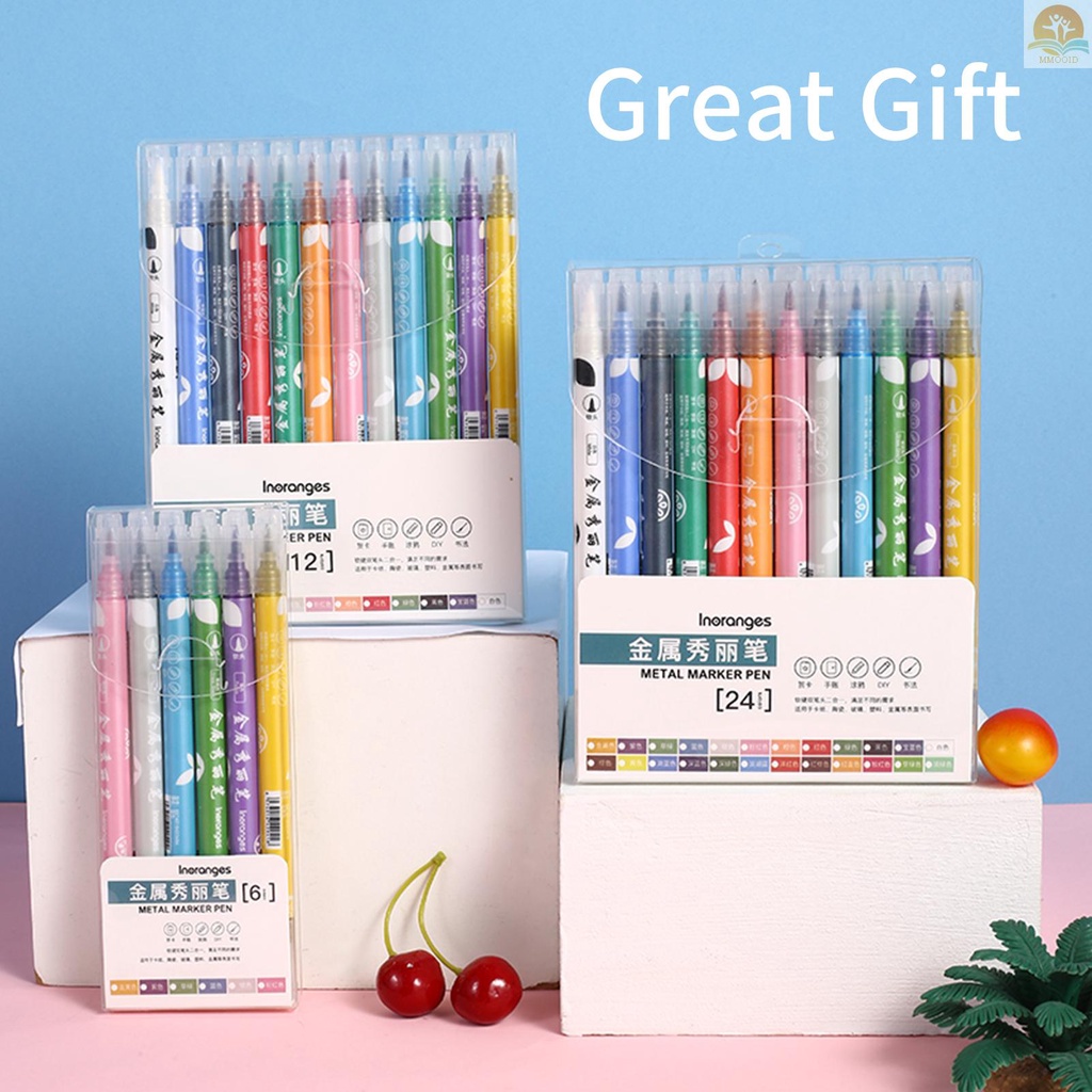 In Stock 12warna Spidol Metalik 1-2mm Brush Pen Spidol Untuk Mewarnai Tip Halus Warna Cerah Cepat Kering Tidak Beracun Untuk Artis Anak Dewasa Buku Pewarna Foto Scrapbooking Sto