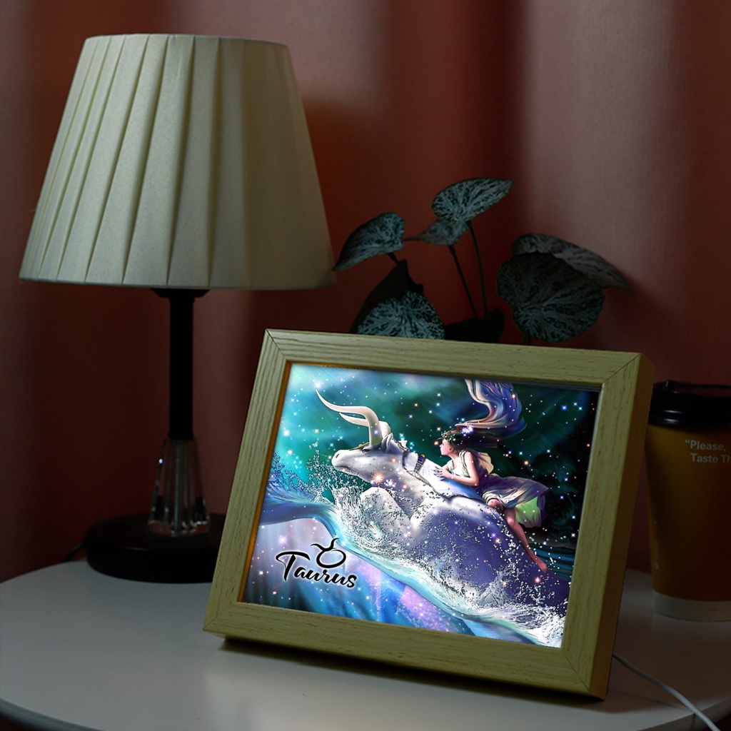 Edisi 12 Zodiak Fantasy Light Painting Art LED Frame Zodiac Horoscope Bingkai Lampu Menyala Pigura Pajangan Dekorasi Meja Dinding Kamar Estetik Cocok Jadi Kado Hadiah Pemberian Unik Viral