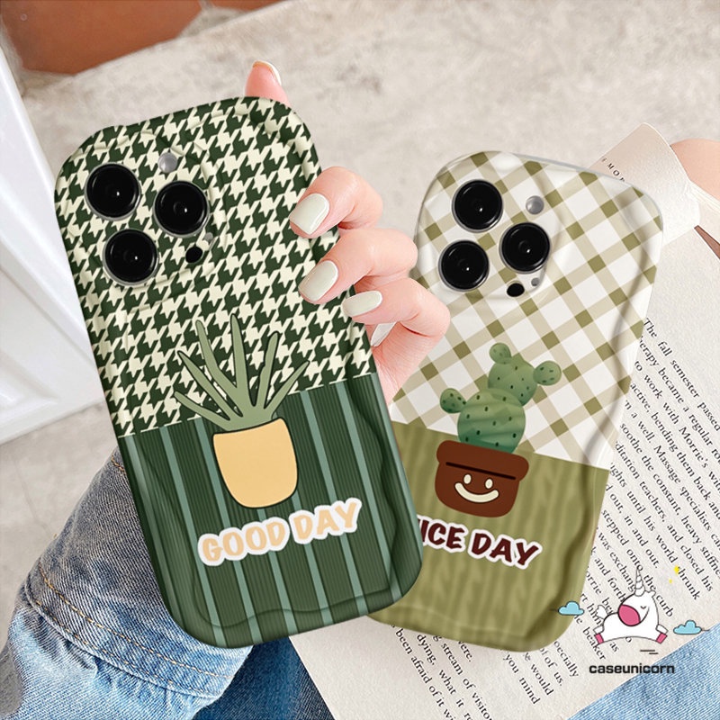 Fashion Casing Ponsel Tepi Melengkung Bergelombang 3D Untuk Infinix Hot12 10 30 8 11 20 9 Bermain Panas 30i 8 9 10Lite Note12 4G 12 G96 Pola Kisi Tanaman Pot Segar Kaktus Lembut Tpu Penutup Belakang