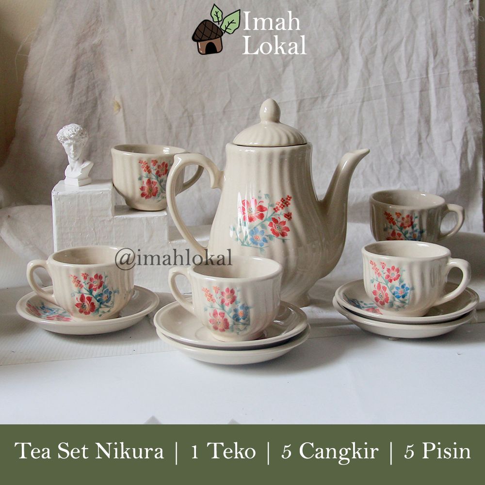 Tea set Nikura | Teko Set Keramik Nikura Motif Bunga | Teko Tutup | 5 Cangkir | 5 Saucer -KBMB