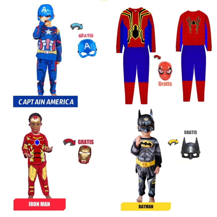SETELAN ANAK LAKI LAKI SUPERHERO 1-8 TAHUN KOSTUM PANJANG SUPERHERO - SPIDERMAN, SIZE 4 2-3THN