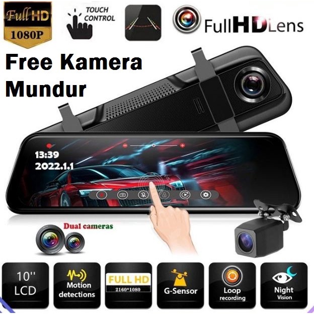 DASHCAM kamera spion mobil DVR FULL TOUCH SCREEN 10" depan belakang 1080p
