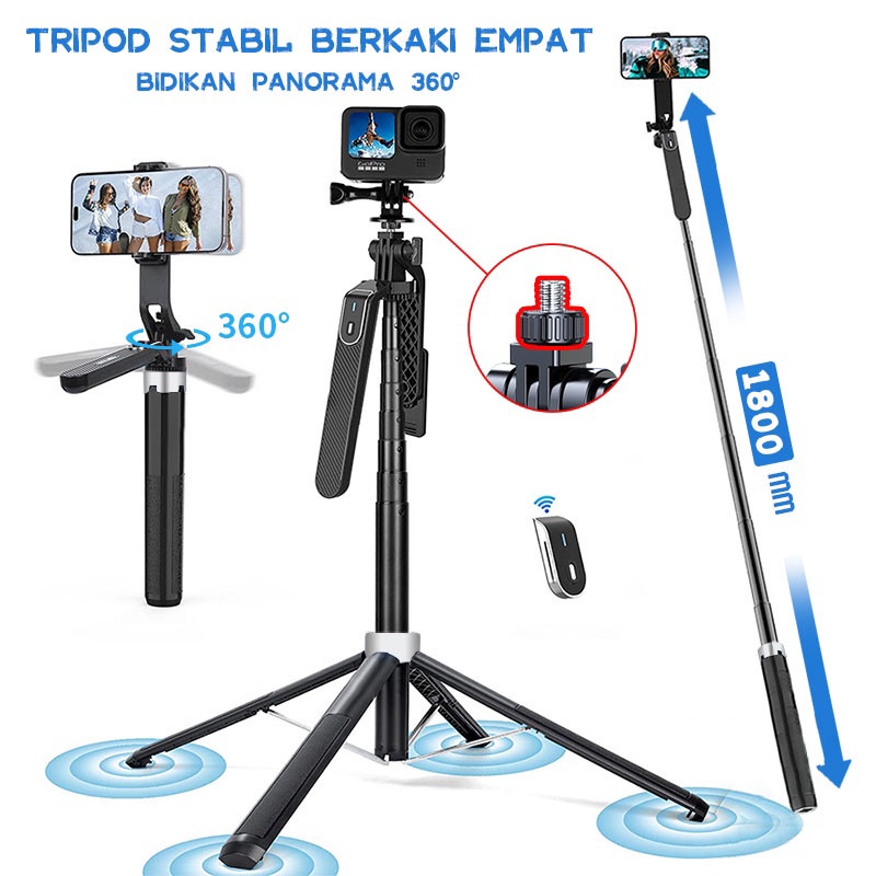 P180 Tongsis Tripod Bluetooth Selfie Stick Remote Tripod Bracket penstabil empat kaki HP 360 ° Rotation 180cm Dengan 1/4 Adaptor