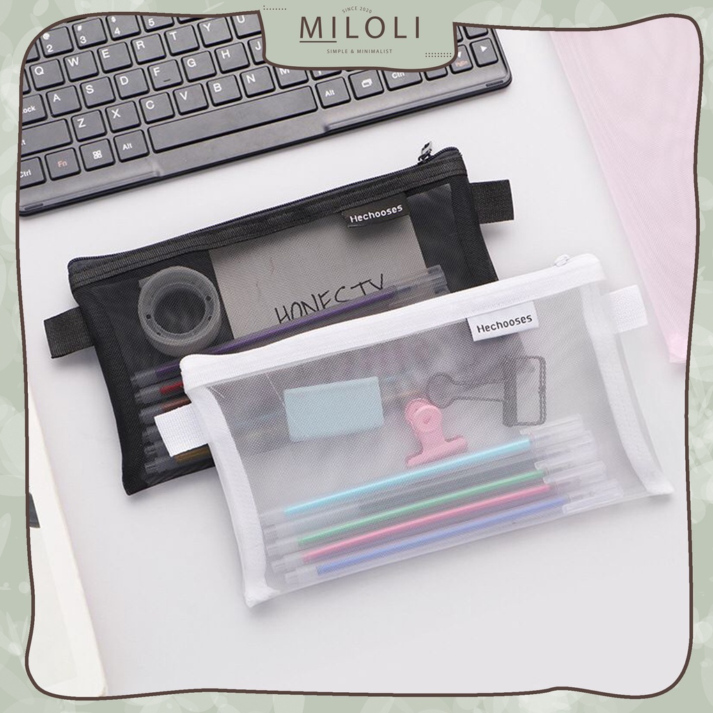 

[MILOLI] Kotak Pensil HE CHOOSES SIMPLE Pouch Transparant Portabel Tempat Pensil Jaring Resleting Stationery - F0210
