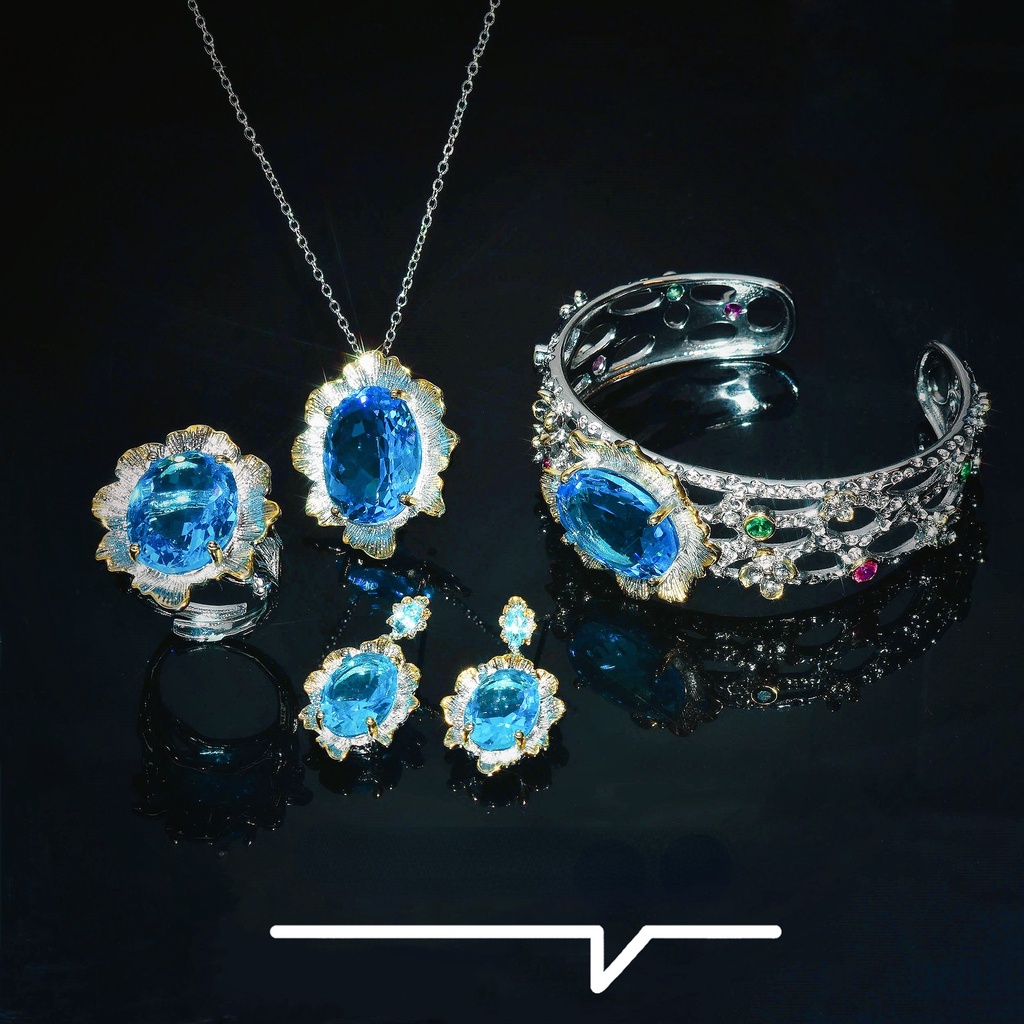 Goldkingdom Aksesoris Perhiasan Fashion Ready Stock Kerajinan Italia Vintage Renda Biru Berlian Kalung Set Aquamarine Cincin Stud Anting Gelang Liontin Wanita
