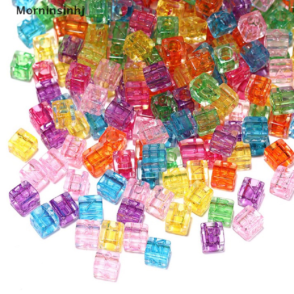 Mornin 100pcs 6mm Manik-Manik Akrilik Huruf Transparan Alfabet Bulat Kotak Kubus Beads id