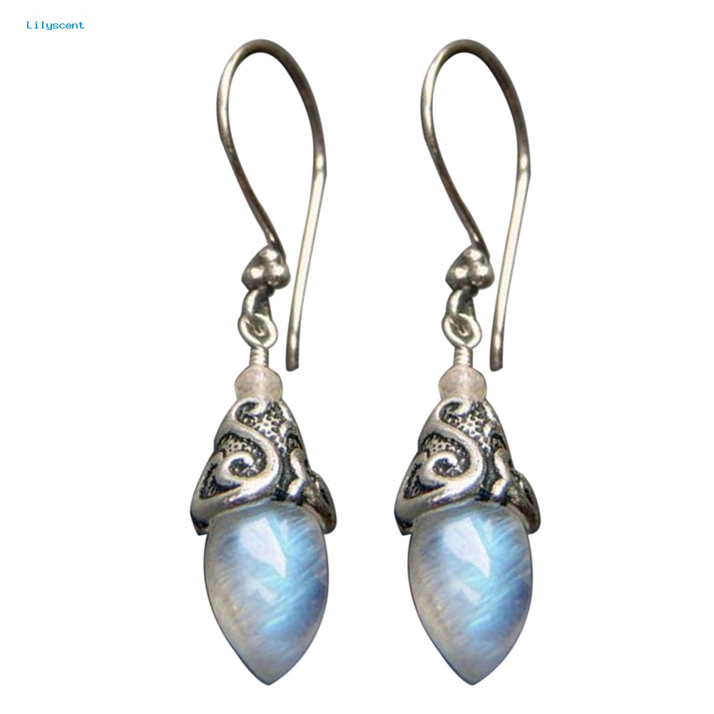 Lilyscent Cone Shape Artificial Moonstone Pendant Hook Earrings Retro Wanita Perhiasan Pesta