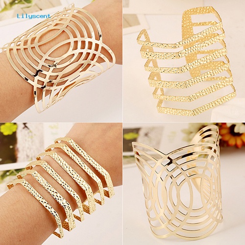 Lilyscent Hot Fashion Unisex Geometris Berongga Keluar Emas Perak Bangle Punk Cuff Warped Bracelet