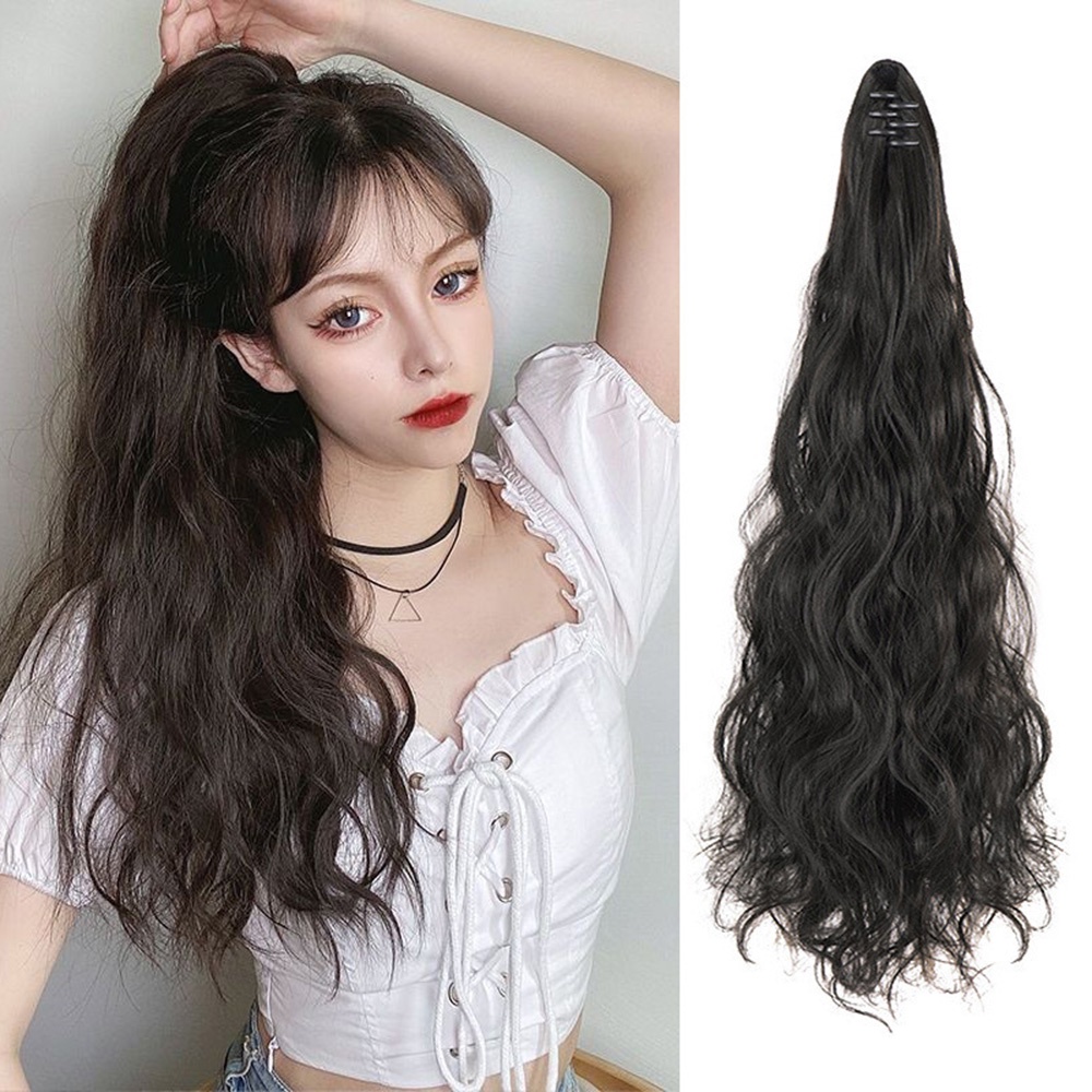 Berbulu Alami Keriting Cakar Klip Ponytail Wig Wanita Gadis Temperamen Tahan Panas Ekstensi Rambut Sintetis 35cm