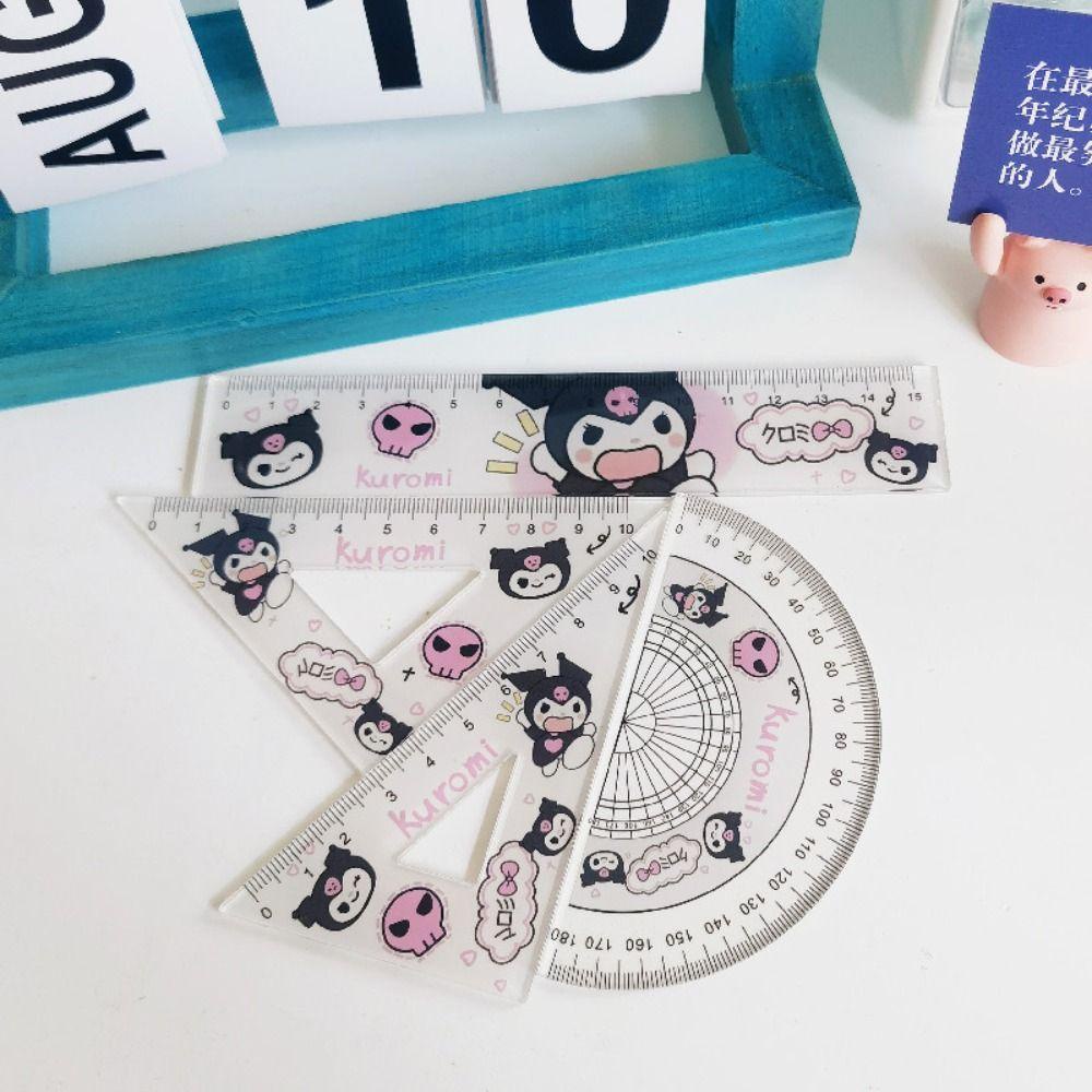 QUINTON Penggaris Segitiga Lurus Busur Derajat Set Kawaii Multifungsi Kantor Sekolah Kuromi Pochacco Dividing Ruler