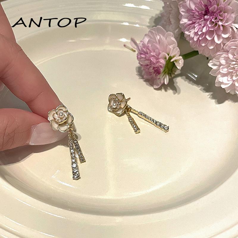[Antop Rawis Temperamen Lembut Rasa Elegan Anting Anting Panjang Camelia Flash Berlian Rumbai