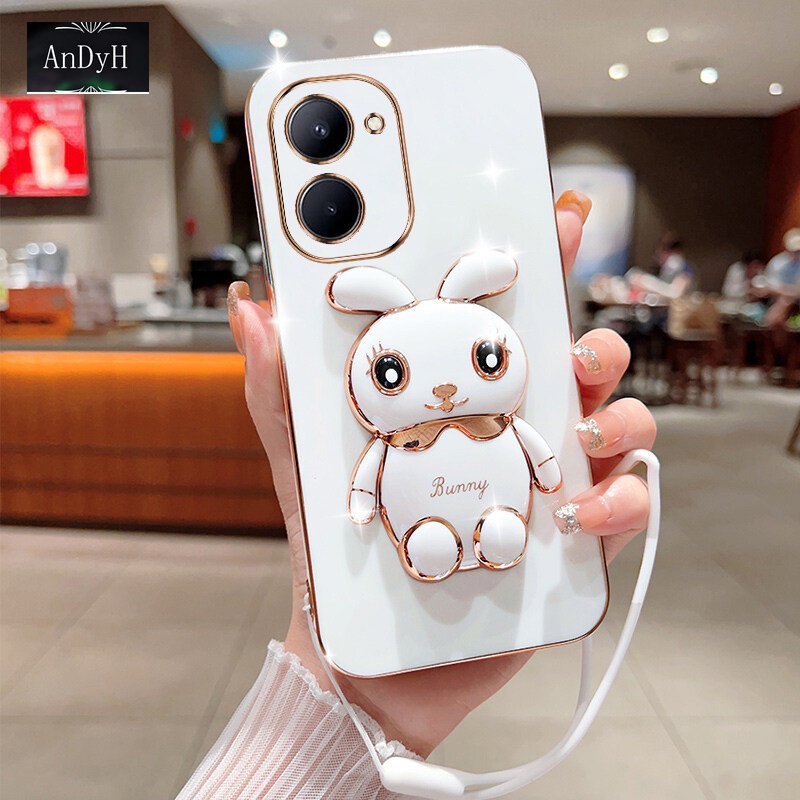 Andyh Case Handphone Untuk OPPO Realme C33 Lucu Kartun Kelinci Kecil Tepi Lurus Soft Shell Mengirim lanyard Silikon