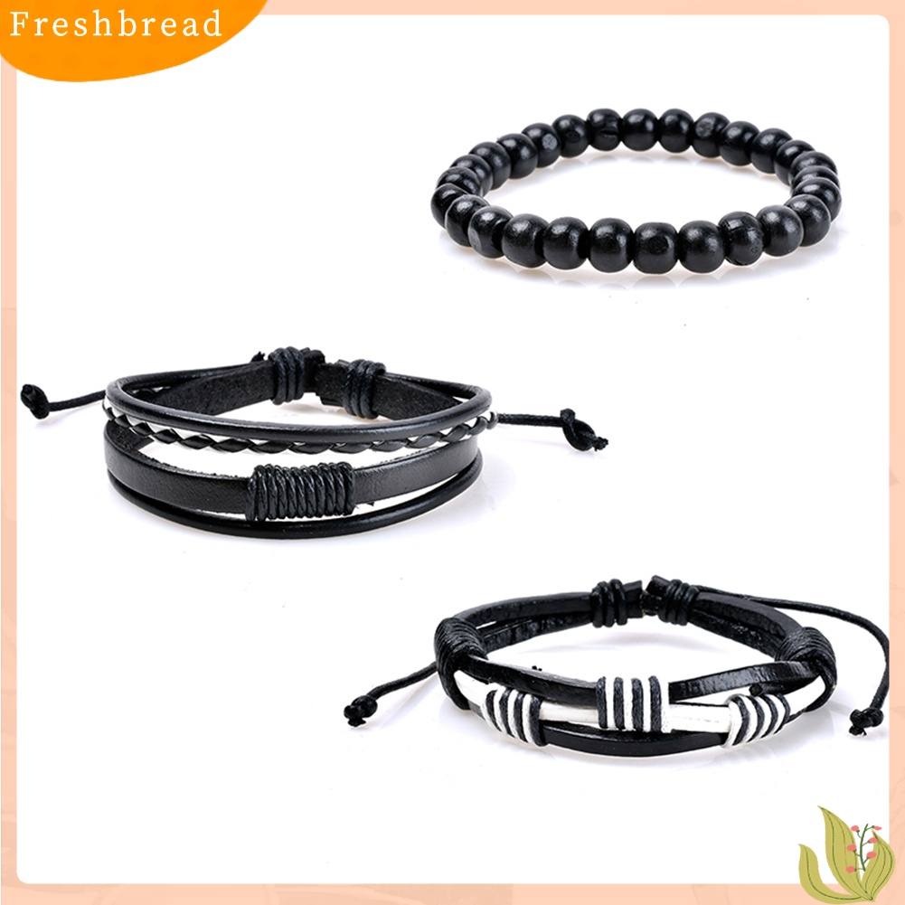 &lt; Freshbread &gt; 3Pcs Manik-Manik Kayu Kepang Retro Perhiasan Gelang Bangles Kulit Imitasi Untuk Pria