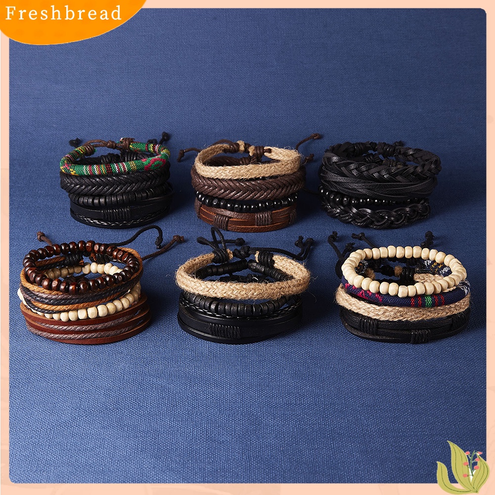 &lt; Freshbread &gt; 4Pcs/Set Vintage Pria Gaya Campur Braided Faux Leather Beaded Bracelet Bangle