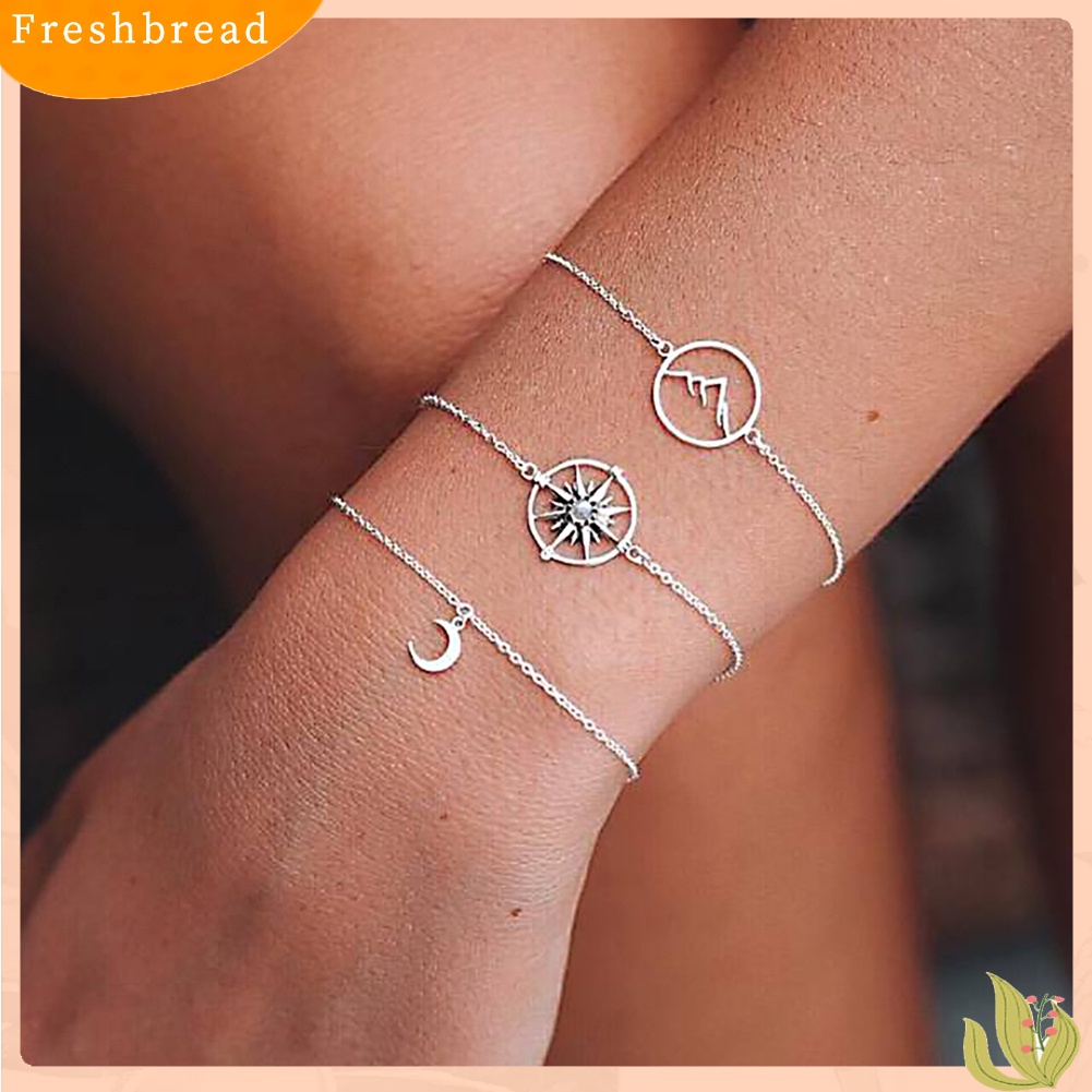 &lt; Freshbread &gt; 3Pcs Boho Multilayer Wanita Berongga Kompas/Gunung/Bulan Pesona Gelang Rantai