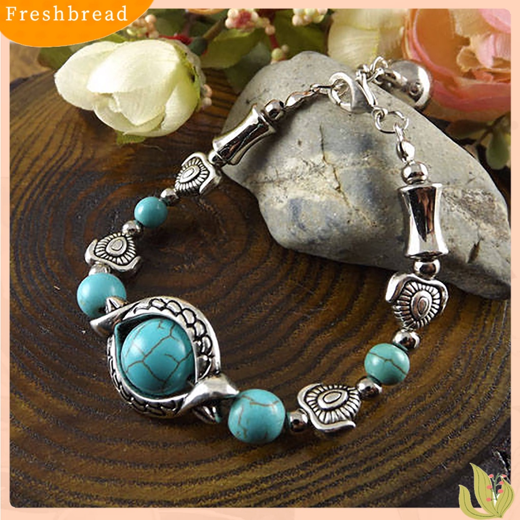 &lt; Freshbread &gt; Kupu-Kupu Dekorasi Adjustable Unisex Gelang Alloy Handmade Turquoises Beads Retro Gelang Perhiasan Aksesoris