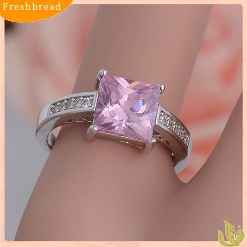 &lt; Freshbread &gt; Cincin Wanita Perak Lapis Pink Kotak Cubic Zirconia CZ Shiny Finger Ring Us7 8 9