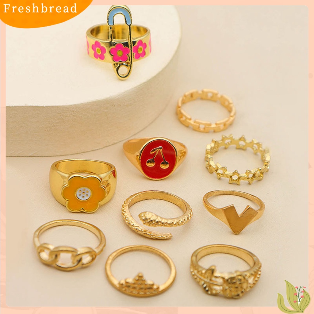 &lt; Freshbread &gt; 10 Pcs Cincin Buku Jari Ular Bintang Bunga Cherry Tetes Minyak Indah Rings Perhiasan Aksesoris