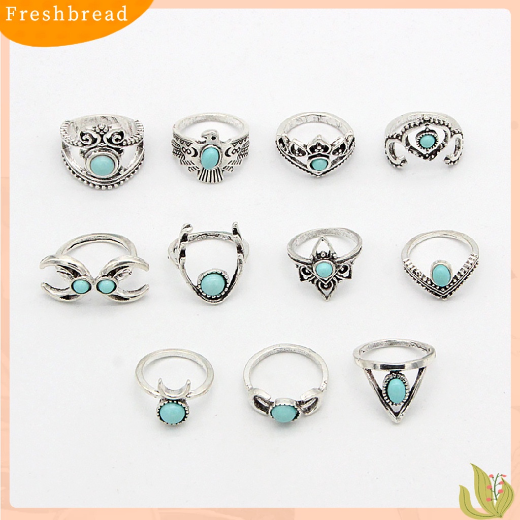 &lt; Freshbread &gt; 11 Pcs Berongga Bulu Stackable Knuckle Rings Gaya Etnik Bunga Permata Imitasi Jari Rings Perhiasan Aksesori