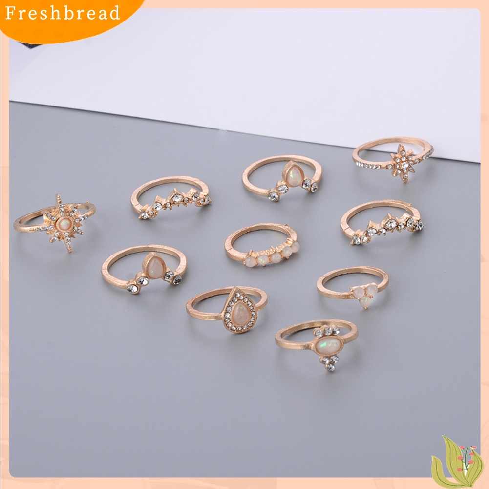 &lt; Freshbread &gt; 10Pcs/Set Wanita Tetesan Air Mahkota Berlian Imitasi Susun Midi Knuckle Finger Rings