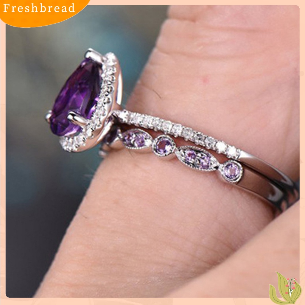 &lt; Freshbread &gt; 2 Pcs Wanita Cincin Mewah Ungu Berlian Imitasi Mengkilap Penuh Berlian Imitasi Bertatahkan Berkilau Hias Hadiah Wanita Lamaran Cincin Perhiasan Pernikahan Aksesori Busana