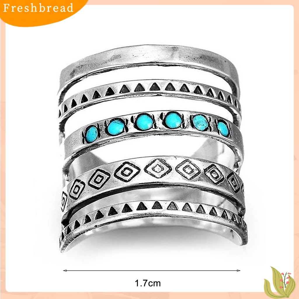 &lt; Freshbread &gt; Wanita Cincin Multilayer Lebar Pirus Dekorasi Simbol Pola Berongga Bohomia Bersama Cincin Perhiasan Aksesoris