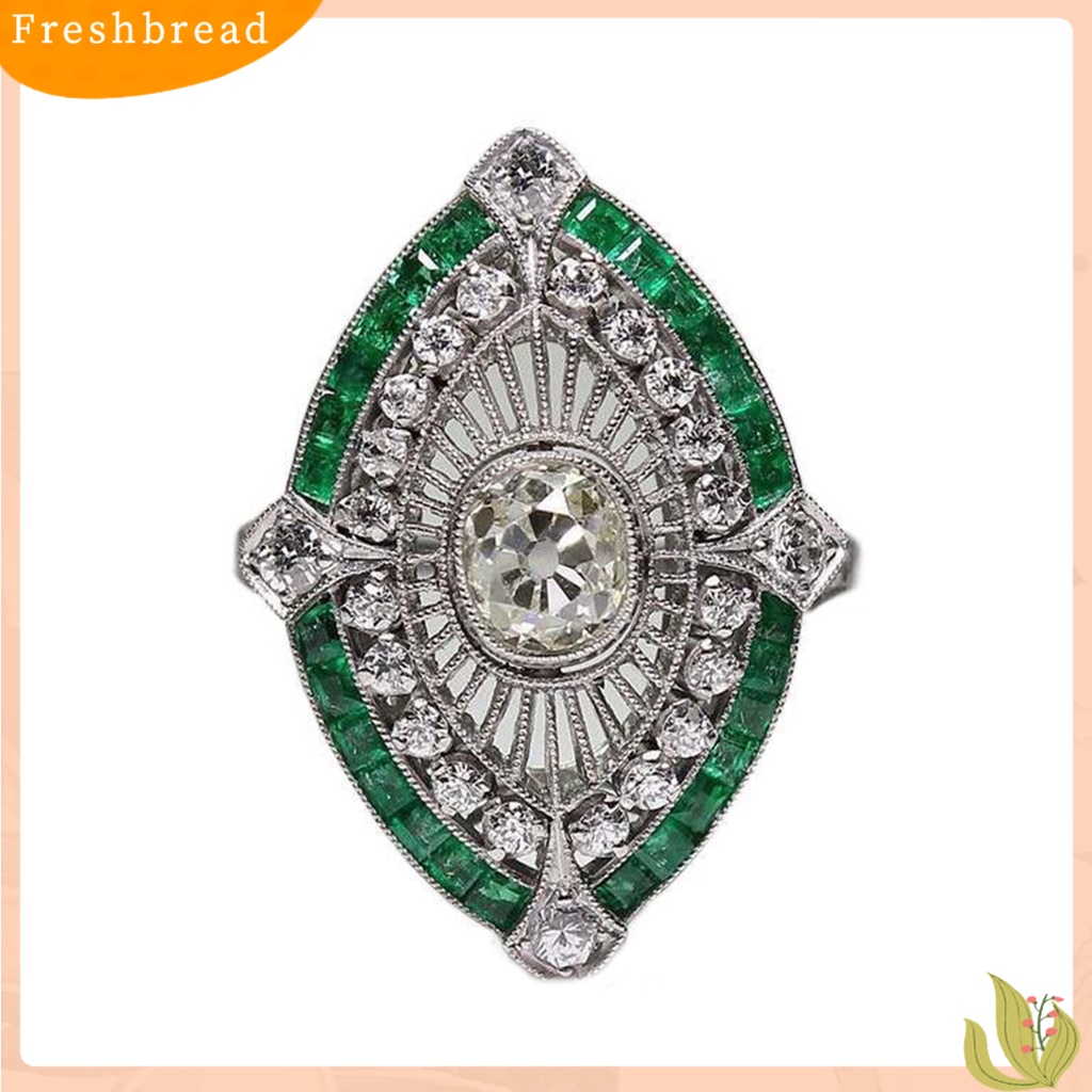 &lt; Freshbread &gt; Wanita Cincin Berlian Imitasi Mengkilap Hias Two-tone Geometri Electroplating Art Deco Hadiah Natural Emerald Faux Gemstone Engagement Wedding Ring Untuk Anniversary