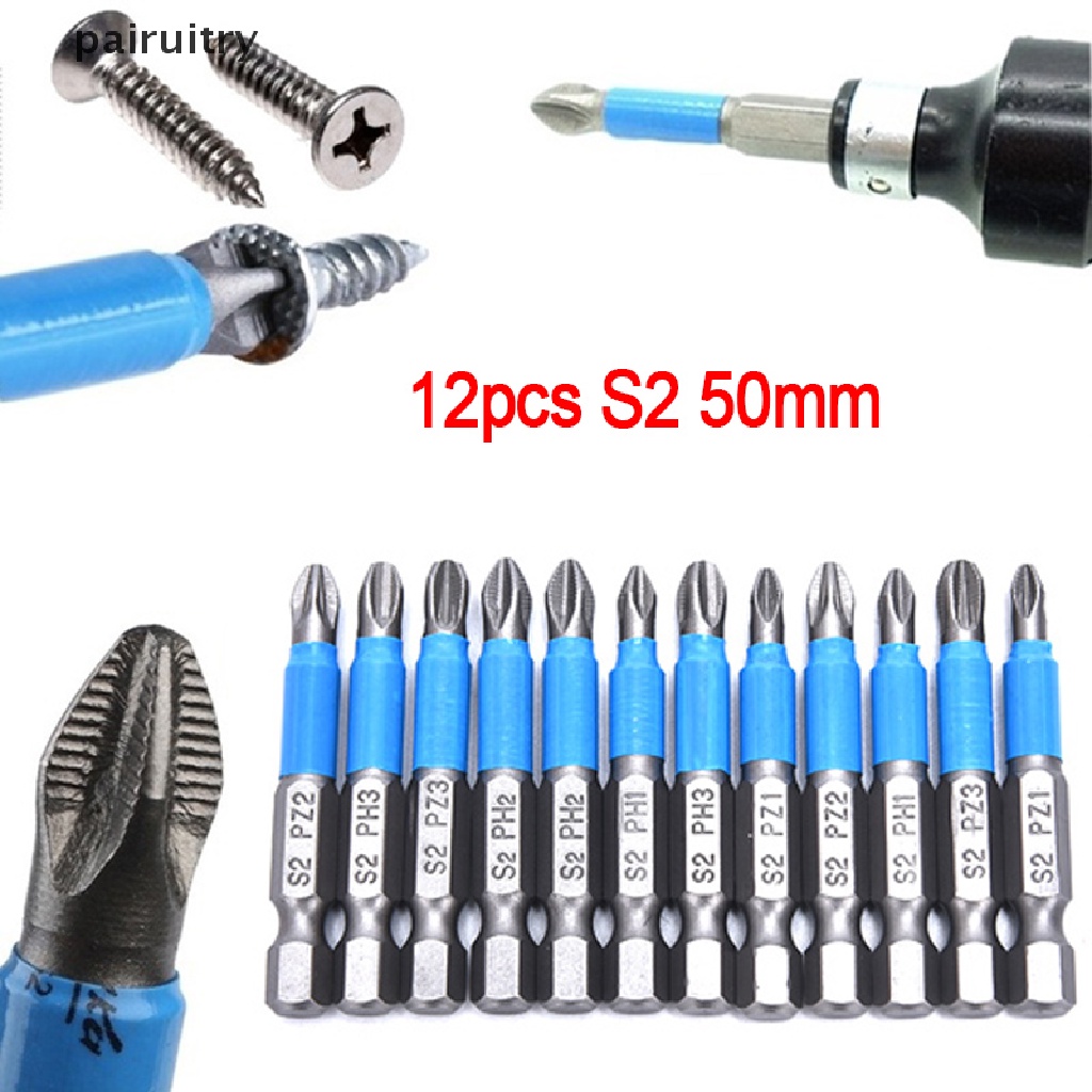 Prt 12pcs Mata Obeng Listrik Anti Slip Hex Shank PH 50mm Single Side Drills PRT