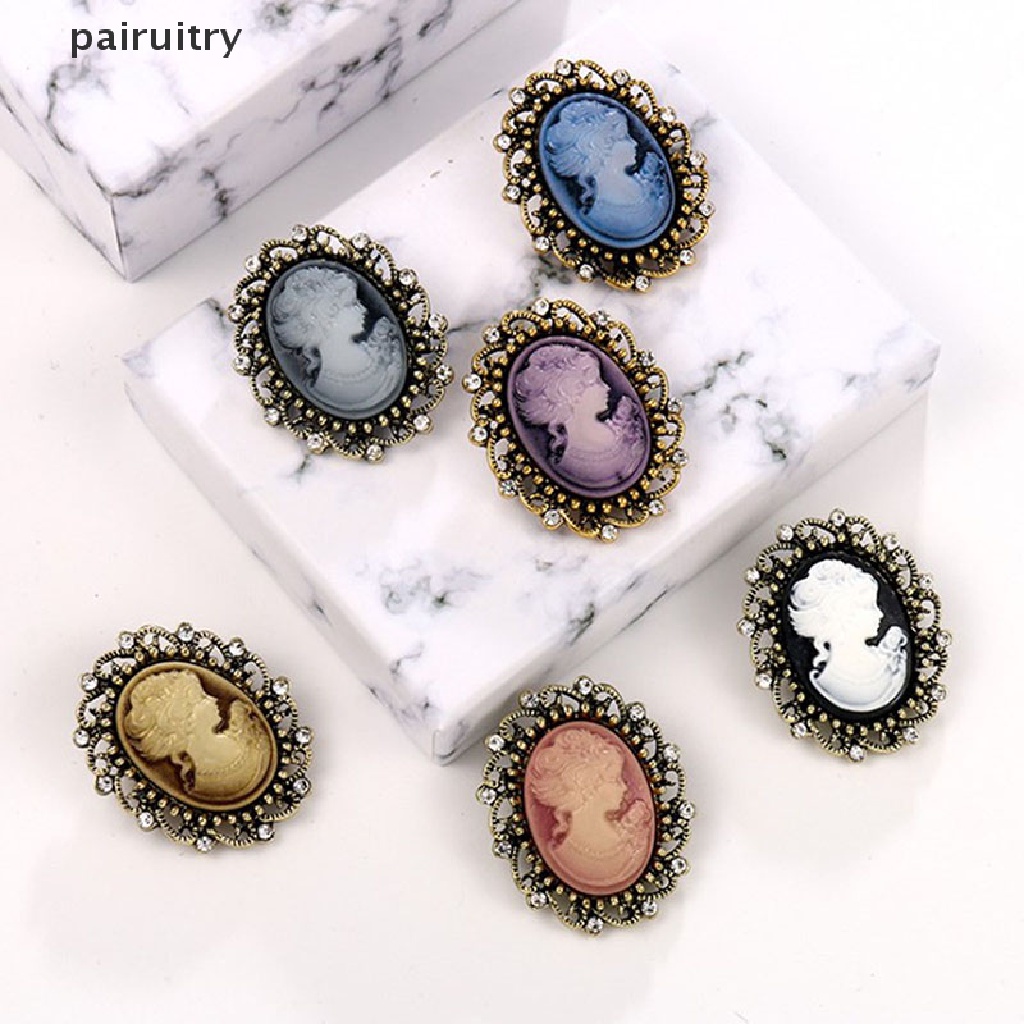 Prt Vintage Gothic Style Head Statue Cameo Brooch Bros Berlian Imitasi Untuk Wanita PRT