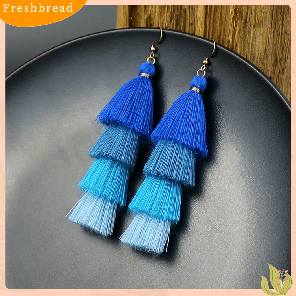 &lt; Freshbread &gt; 1pasang Anting Menarik Gaya Bohemia Ultra Panjang 4lapis Rumbai Fringe Menjuntai Anting Untuk Wanita