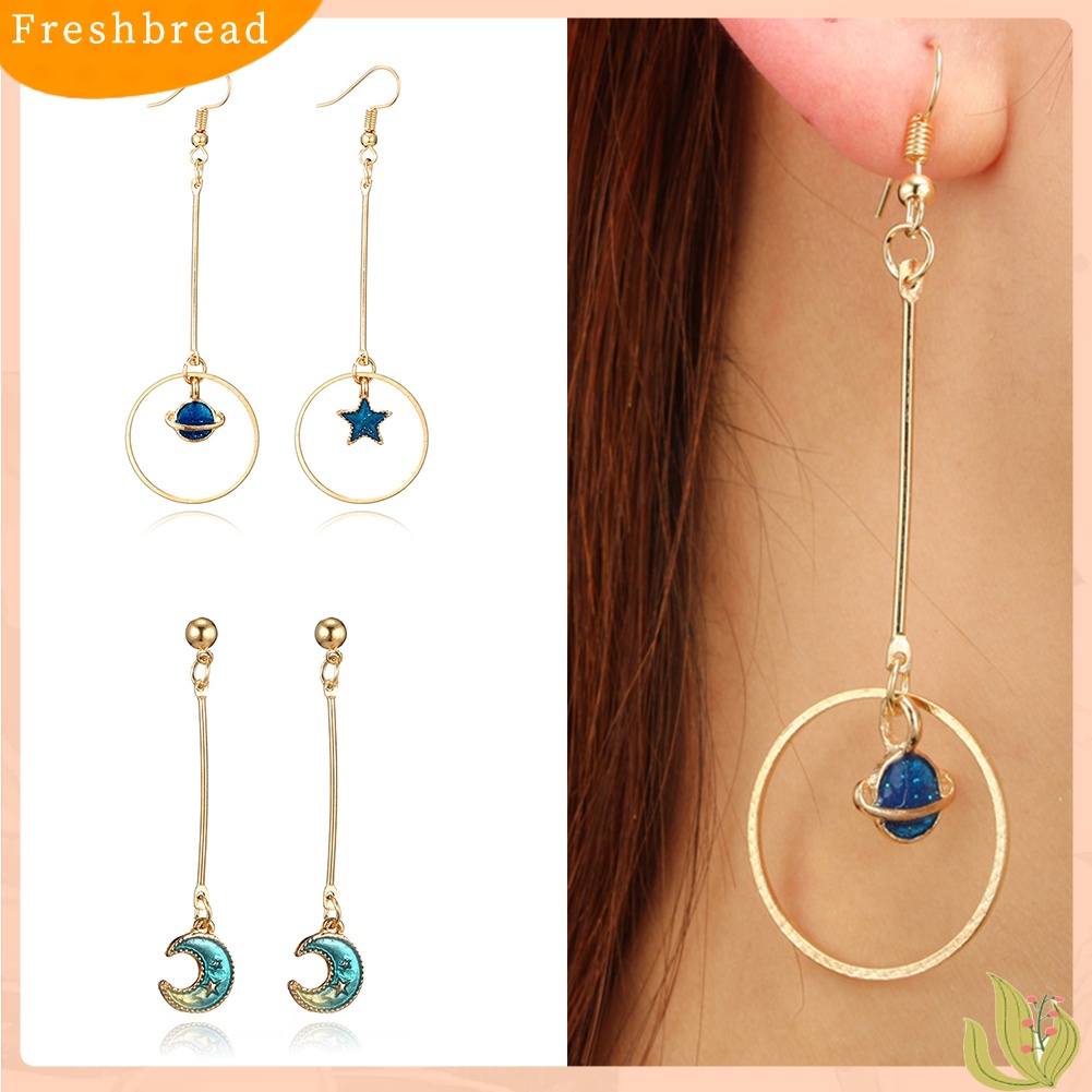 &lt; Freshbread &gt; Biru Matahari Bulan Bintang Rumbai Menjuntai Kait Telinga Wanita Fashion Anting Perhiasan Hadiah