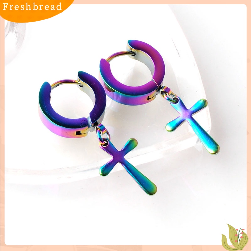 &lt; Freshbread &gt; 1Pc Unisex Anting Menjuntai Salib Gaya Korea Stainless Steel Simple Bright Luster Hoop Earring Untuk Pakaian Sehari-Hari