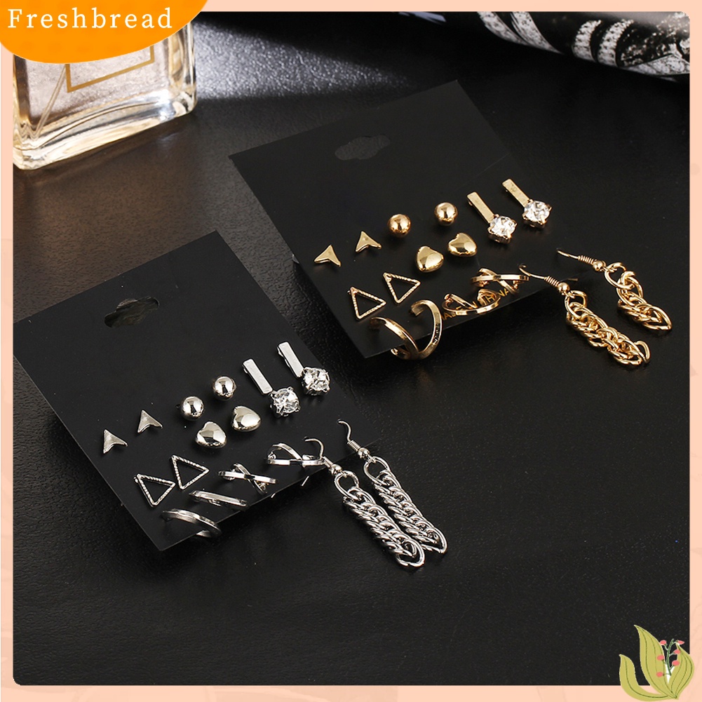 &lt; Freshbread &gt; 9pasang Fashion Wanita Berlian Imitasi Hati Bentuk Segitiga Ear Stud Hook Earrings