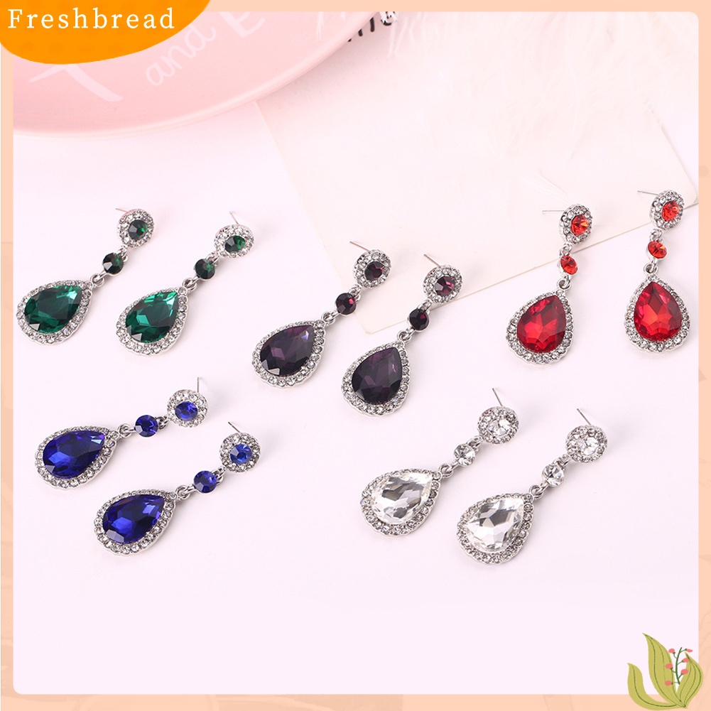 &lt; Freshbread &gt; Pesta Fashion Wanita Berlian Imitasi Mengkilap Bertatahkan Tetesan Air Panjang Menjuntai Stud Earrings