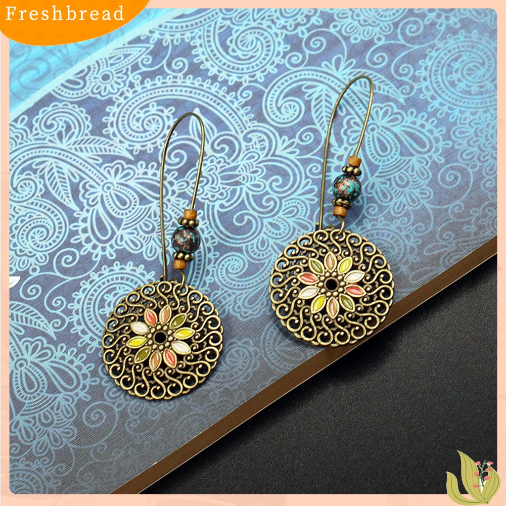 &lt; Freshbread &gt; Vintage Berongga Bulat Liontin Enamel Bunga Menjuntai Panjang Kerawang Anting Ukir