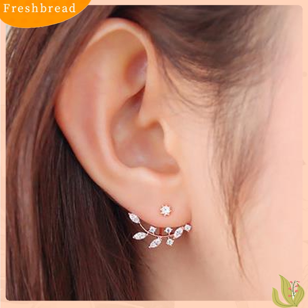 &lt; Freshbread &gt; Ear Studs Leaf Shiny Earrings Wanita Jaket Telinga Cubic Zirconia Elegan Untuk Pernikahan