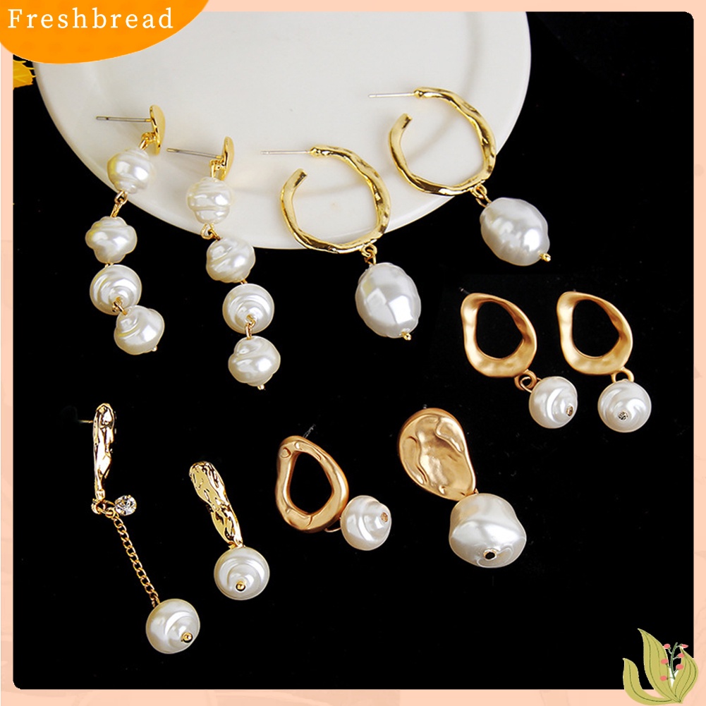 &lt; Freshbread &gt; Wanita Mutiara Imitasi Geometris Menjuntai Panjang Eardrop Leaverback Earrings Perhiasan Hadiah