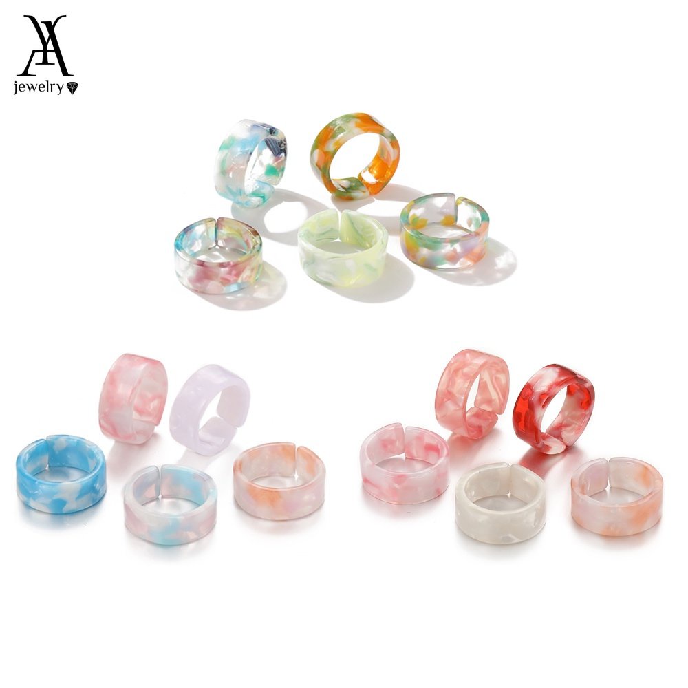 AY(CN) 5pc/set Fashion Candy Color Resin Ring Set Wide Brim Rings Jewelry Women Accessories