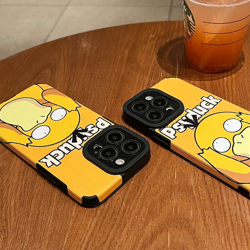 Cool Leather Soft Case iP iPhone 7 8 Plus SE 2020 X XR XS Max 11 12 13 14 Pro Max 14 Plus Phone Case Camera Protect Yellow psyduck Pokemon GO Men's Fashion