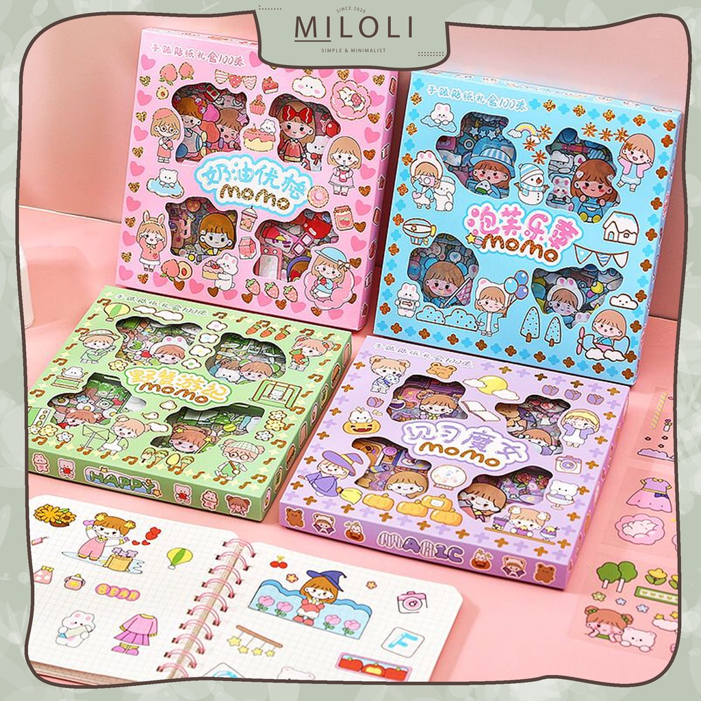 

[MILOLI] 100lembar SET MOMO CUTE SERIES Sticker PET DIY Scrapbook Stiker Hias Lucu in Box - B0392