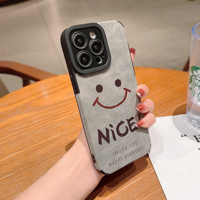 Retro suede Soft Case iP iPhone 7 8 Plus SE 2020 X XR XS Max 11 12 13 14 Pro Max 14 Plus Phone Case Camera Protect Gray Grey Happy Smile Nice