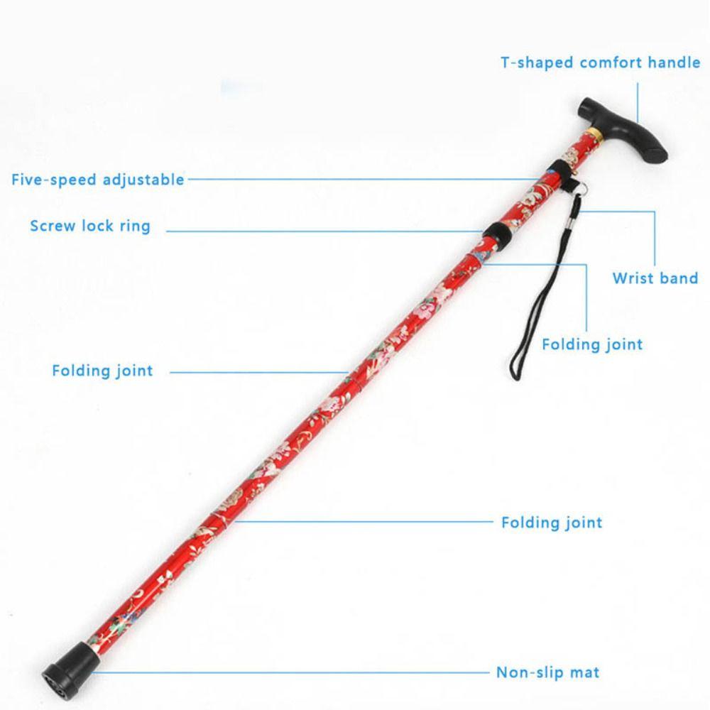 AUGUSTINA Alpenstock Lipat Untuk Wanita Pria Mendaki Hiking Off-Road Hiking Tiang Trekking Lipat Lima Simpul Staf Amanah Lari Tongkat Kruk Luar Ruangan Floral Metal Cane