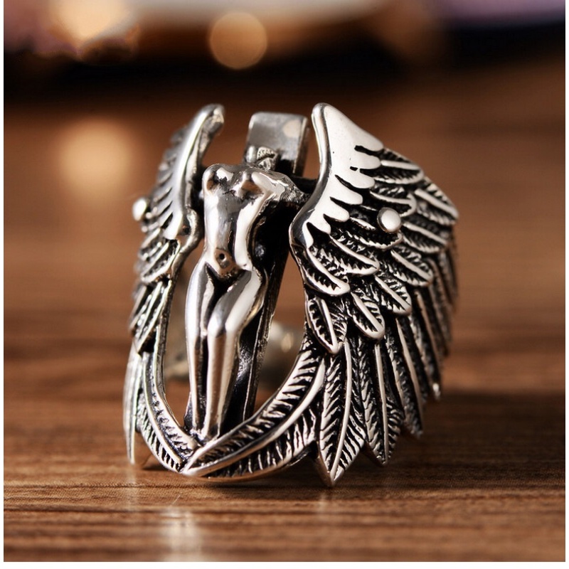 Goldkingdom Fashion Perhiasan Aksesoris Ready Stock Vintage Thai Perak Guardian Angel Kepribadian Cross Berlebihan Sayap Cincin Berlapis Pria Agresif Cincin