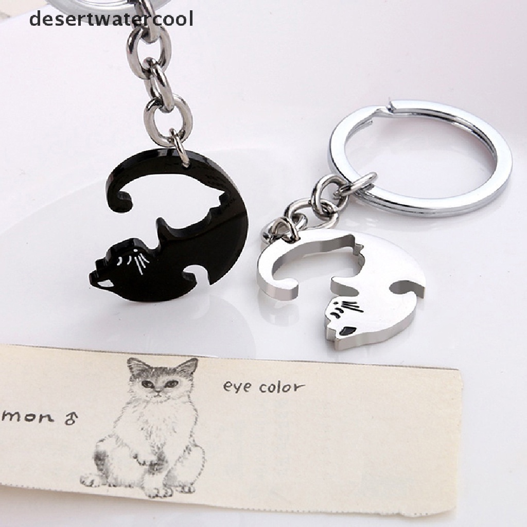 Deid 1pasang Lucu Kucing Hitam Gantungan Kunci Patchwork Hati Bulat Pasangan Pecinta Keyring Stainless Steel Ransel Kunci Mobil Gantungan Perhiasan Martijn