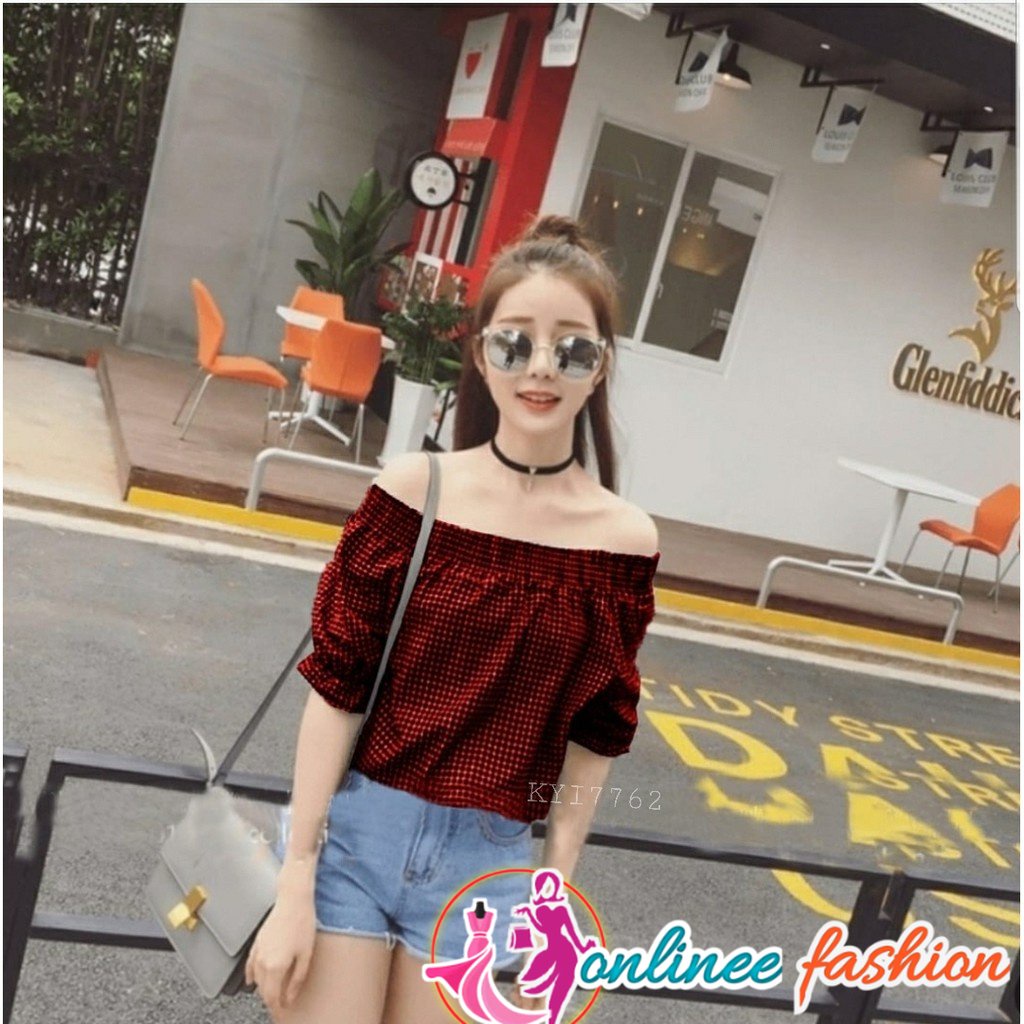 Fashion Korean Blouse Sabrina Bahan Katun Motif Kotak Women Dres Wanita Korea Style Lengan Pendek Ta