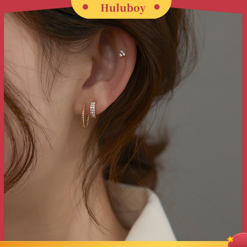 {Ready Stock} 1pasang Anting Hoop Tembaga Geometris Cubic Zirconia Lingkaran Kepang Hoop Stud Earring Untuk Kehidupan Sehari-Hari