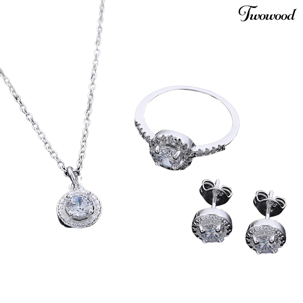 Twowood 1set Set Perhiasan Wanita Elegan Temperamen Mengkilap Berkilau Electroplating Berdandan Hadiah Cubic Zirconia Pendant Kalung Stud Anting Cincin Set Pernyataan Pernikahan